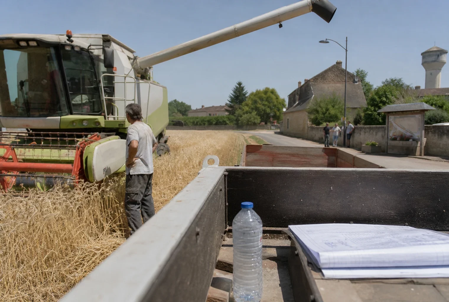 Moisson en cours près d’un village français sous forte chaleur, avec agriculteur et matériel agricole en activité