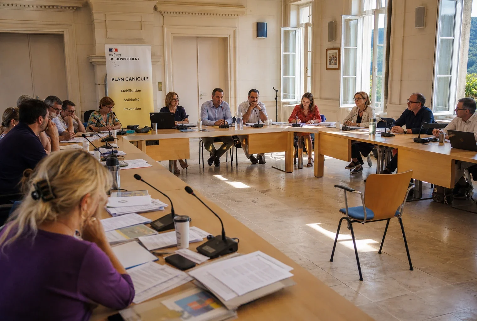 Salle municipale en plan large avec chaise vide, micros et dossiers flous lors d’une réunion sur la canicule.