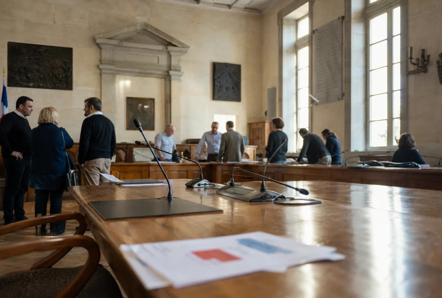 Salle municipale française avec chaise vide, micros et dossiers, en pleine réunion sur la canicule.