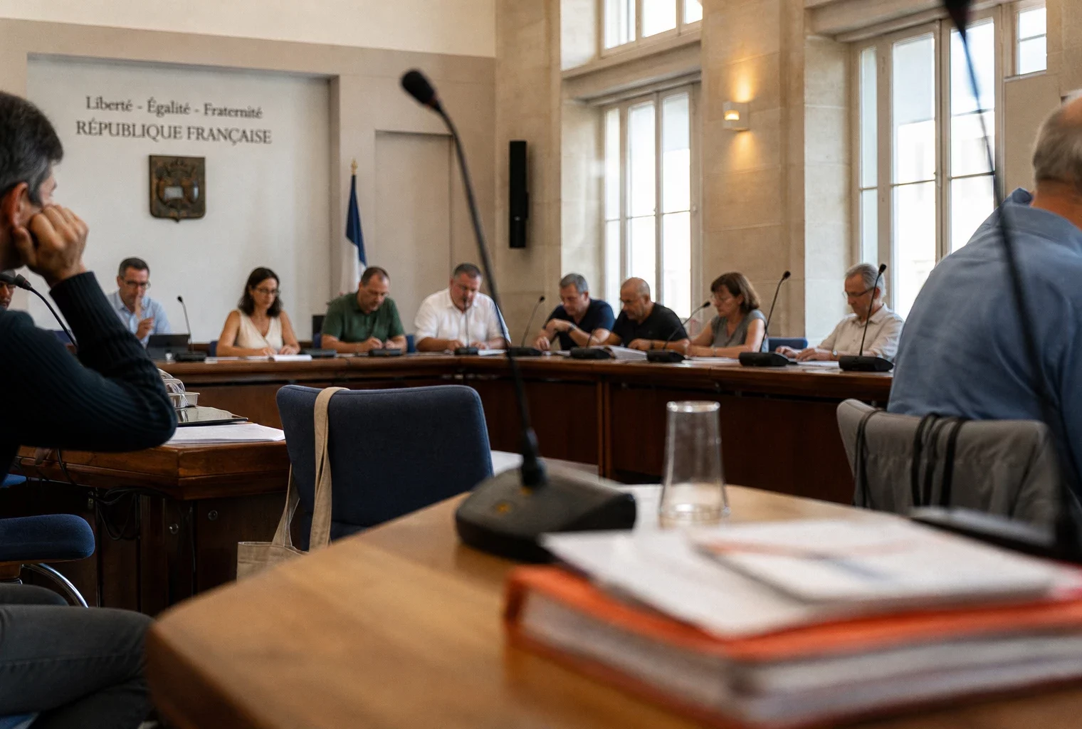 Salle municipale lumineuse avec micros, dossiers flous et chaise vide pendant un débat sur la climatisation.