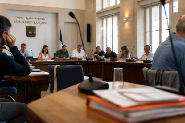 Salle municipale lumineuse avec micros, dossiers flous et chaise vide pendant un débat sur la climatisation.