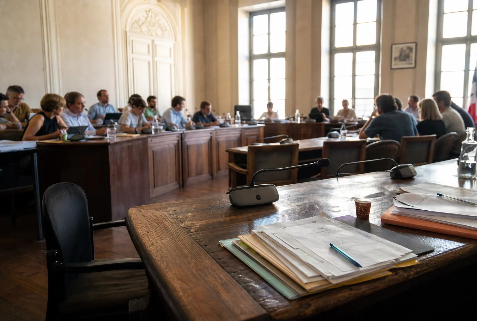 Salle municipale en réunion sur la canicule, avec micros, dossiers et chaise vide, sous une lumière naturelle claire.