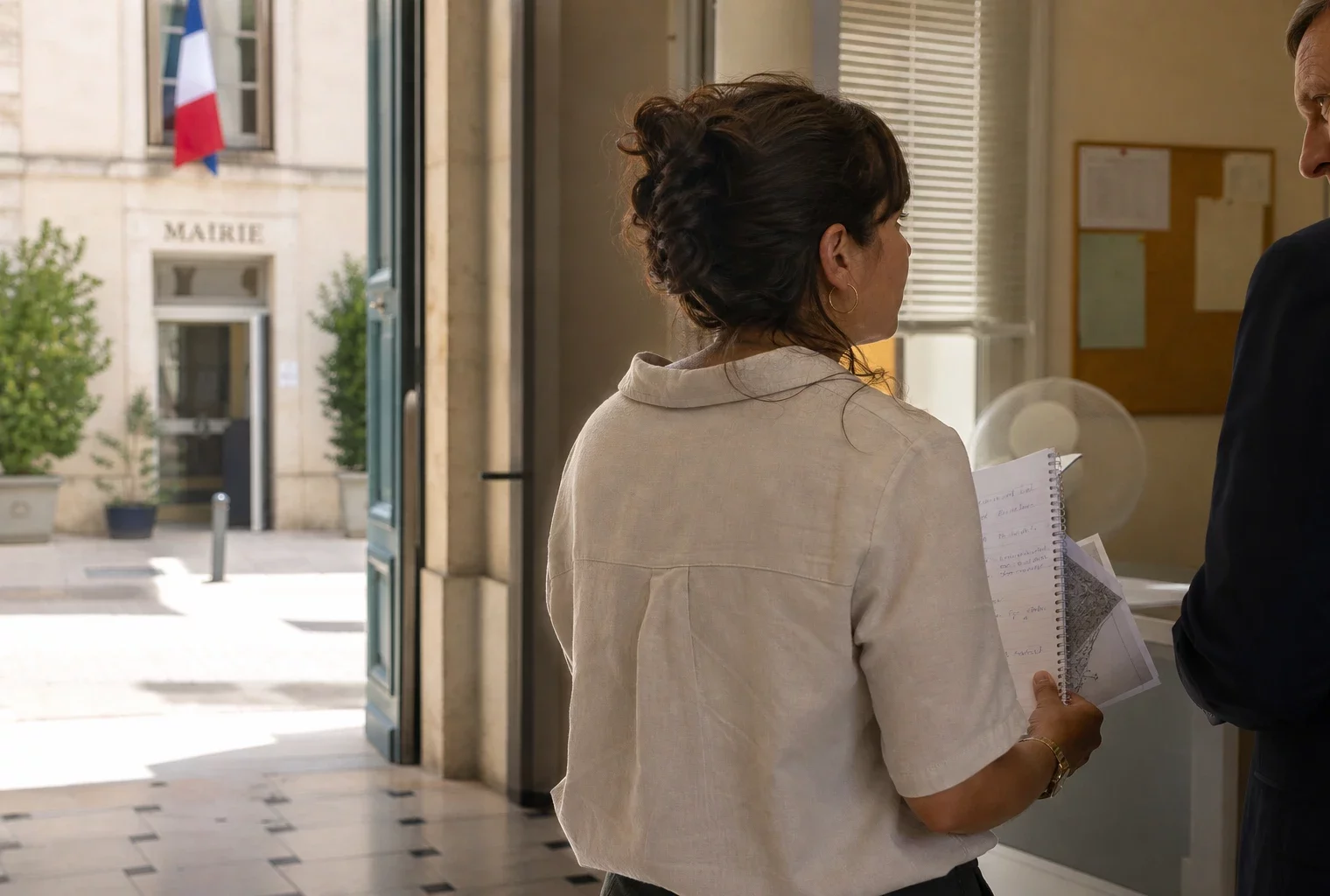 Collaborateur municipal de dos dans une mairie française, carnet en main, avec la rue en arrière-plan par forte chaleur