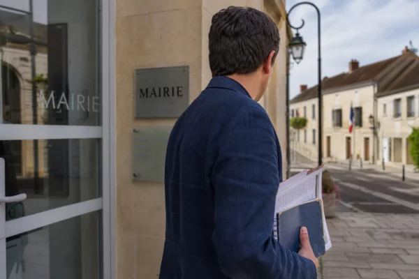 Un collaborateur local de dos, carnet à la main, devant une mairie française par forte chaleur.