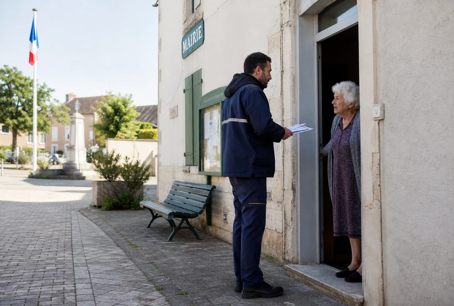 Facteur discutant avec une personne âgée devant une mairie de village pendant un épisode de canicule.