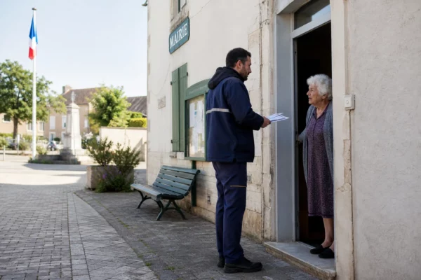 Facteur discutant avec une personne âgée devant une mairie de village pendant un épisode de canicule.