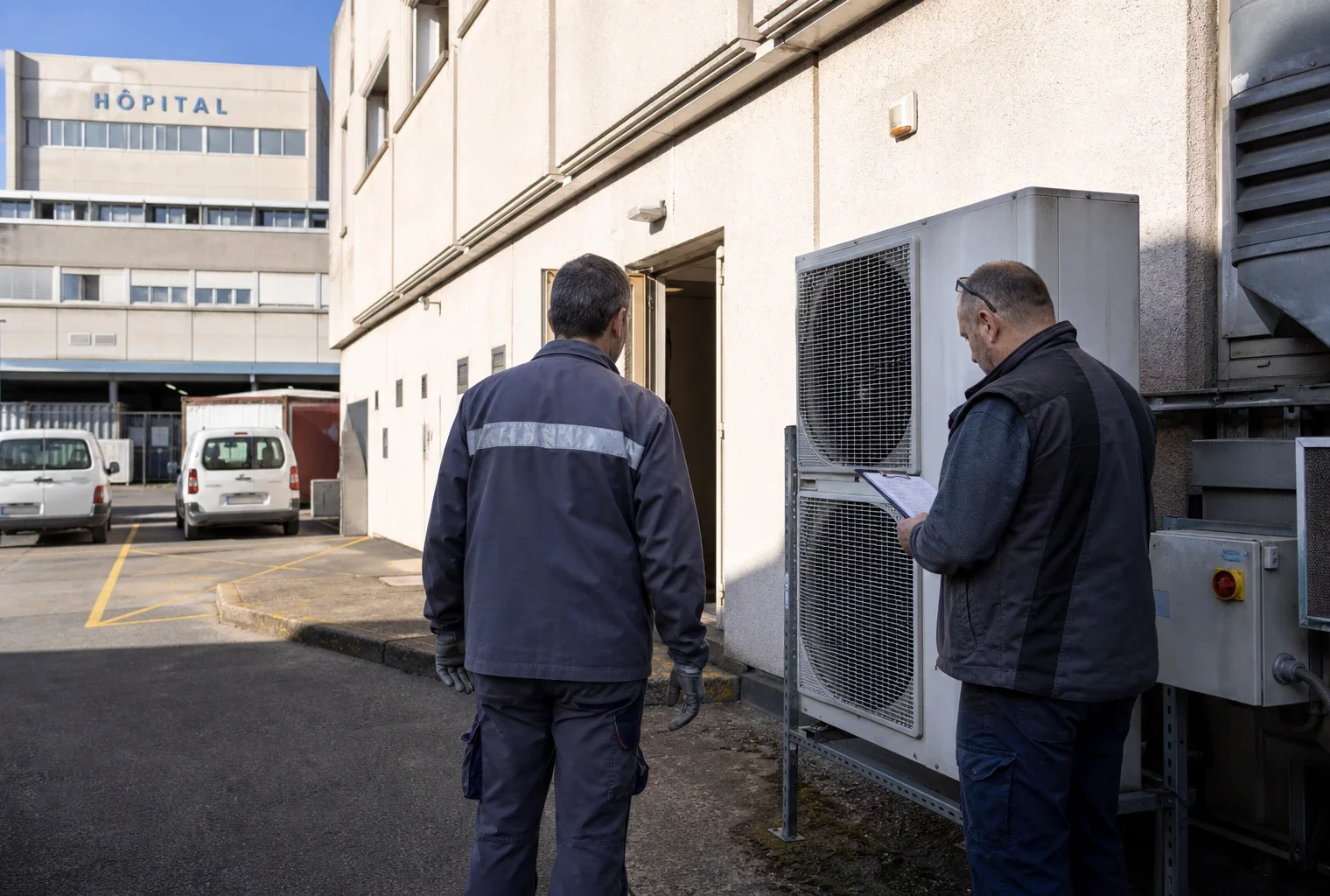 Techniciens devant un équipement de refroidissement dans la cour technique d’un hôpital français pendant la canicule
