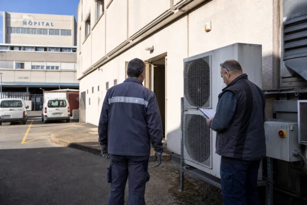 Techniciens devant un équipement de refroidissement dans la cour technique d’un hôpital français pendant la canicule