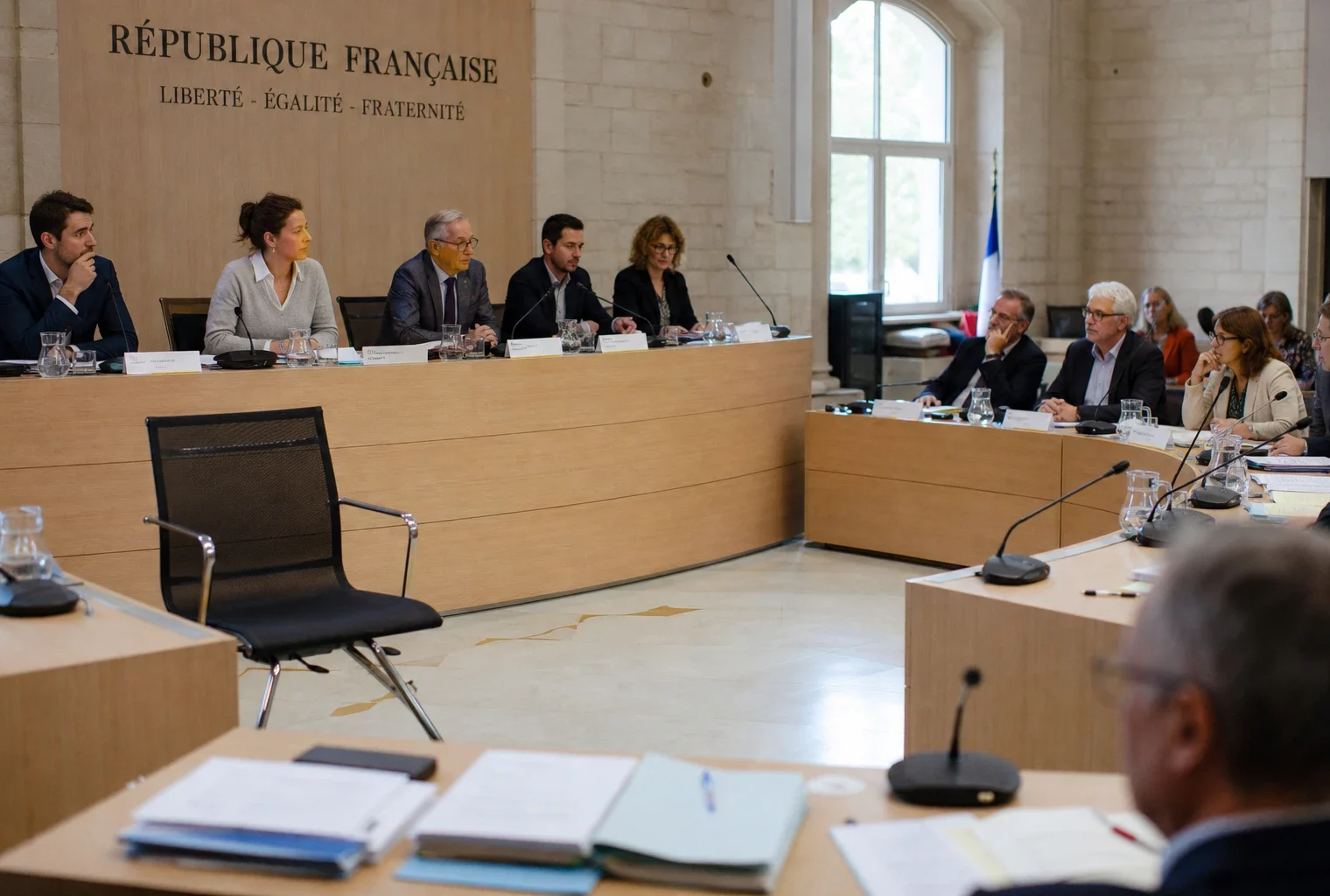 Salle municipale de conseil local avec une chaise vide, des micros et des dossiers flous, sous lumière naturelle.