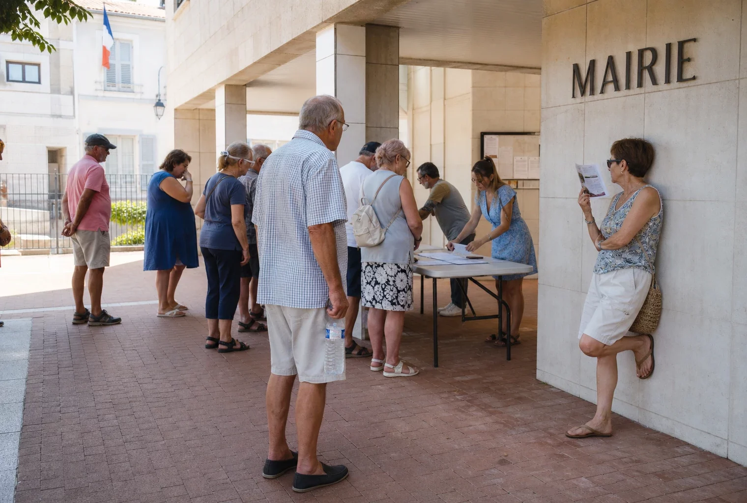 Des habitants attendent devant une mairie française pendant la canicule, dans une ambiance de service public local.