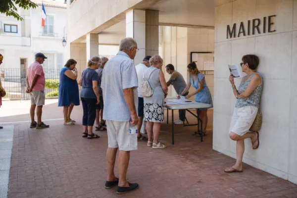 Des habitants attendent devant une mairie française pendant la canicule, dans une ambiance de service public local.