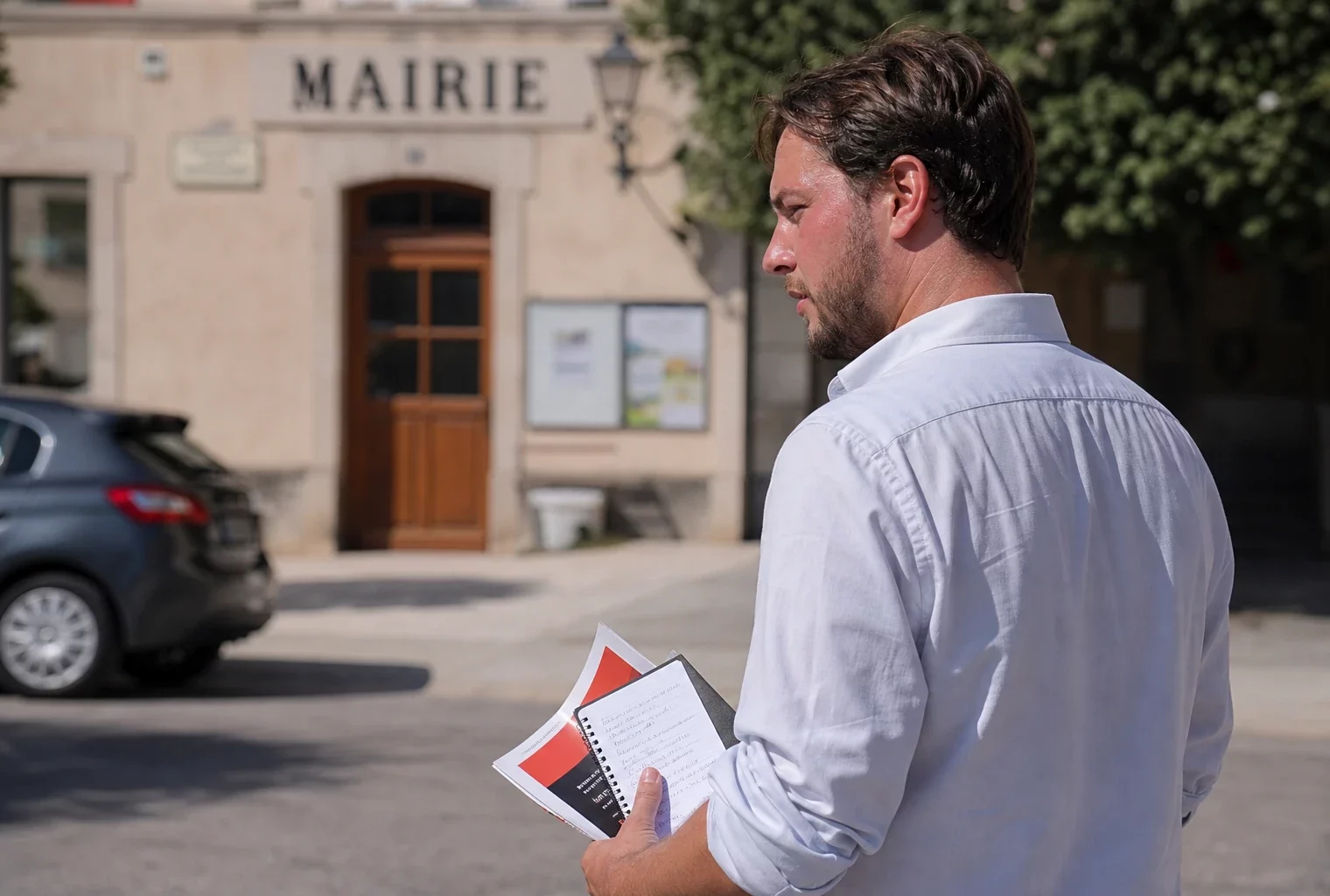 Collaborateur de mairie de dos, carnet en main, devant une façade municipale sous une forte chaleur estivale.