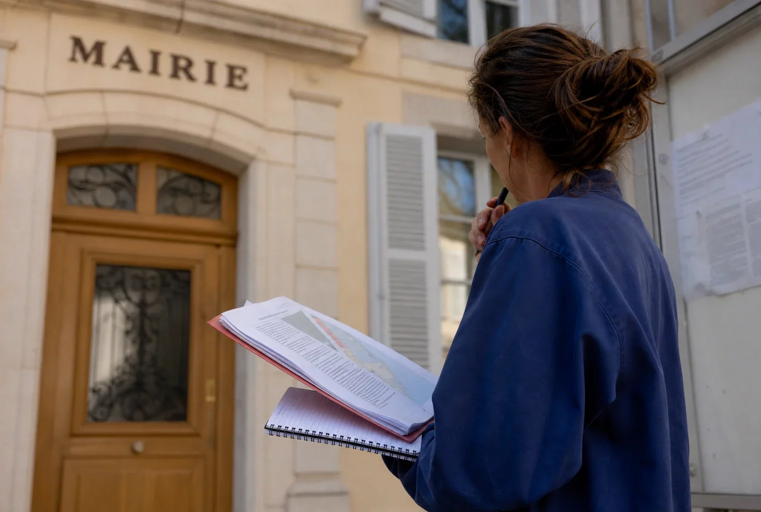 Collaborateur municipal anonyme tenant un dossier devant une mairie française pendant la canicule