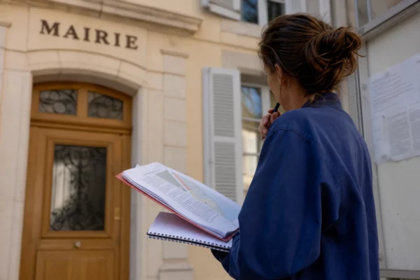 Collaborateur municipal anonyme tenant un dossier devant une mairie française pendant la canicule
