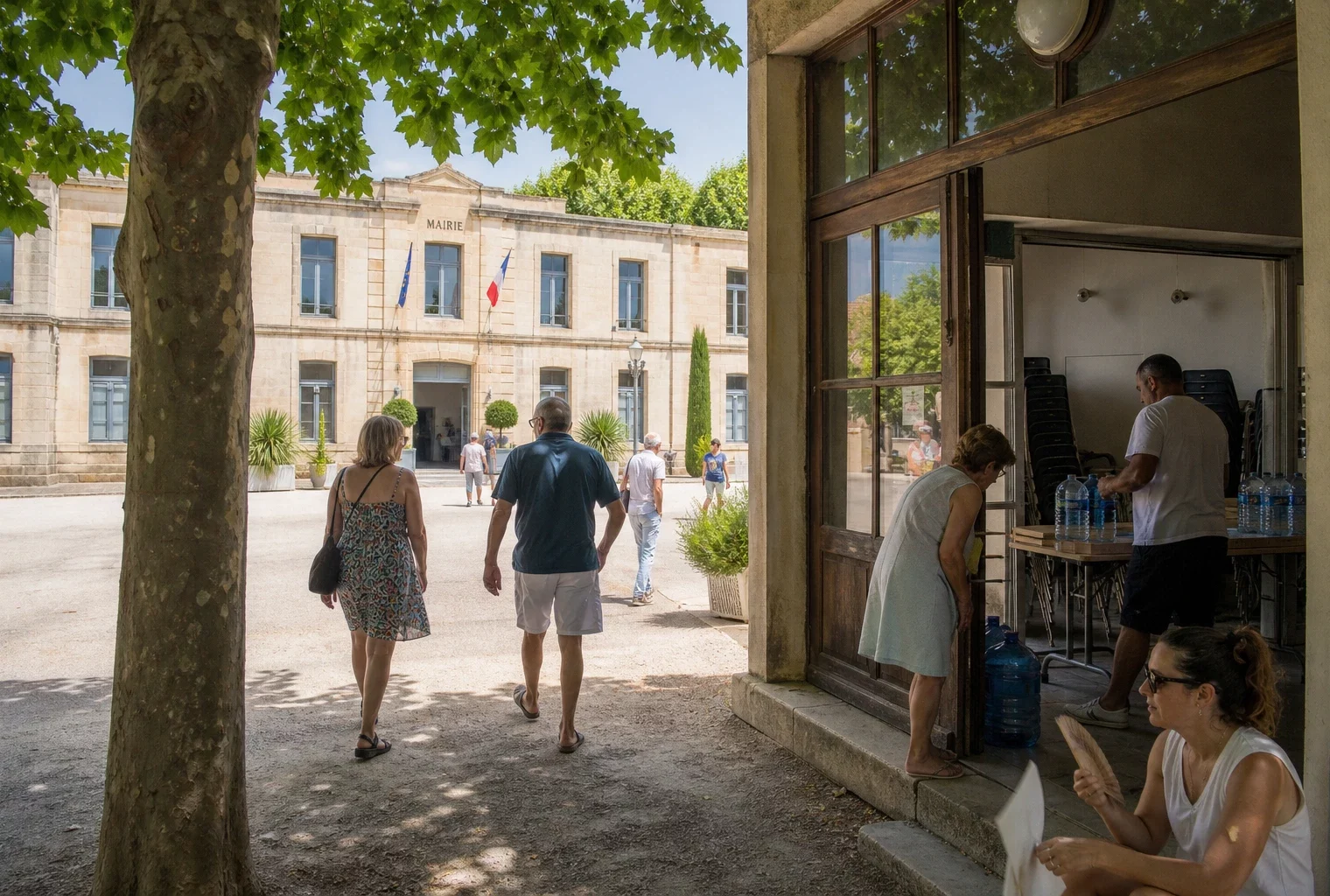 Reportage en ville française devant une mairie et une école pendant la canicule, habitants à l’ombre et ambiance locale.