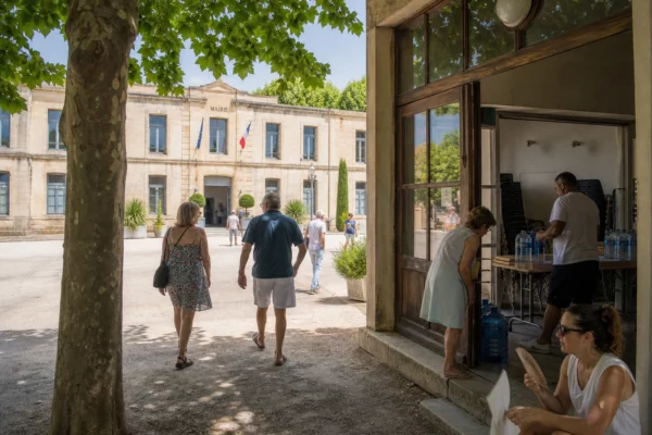 Reportage en ville française devant une mairie et une école pendant la canicule, habitants à l’ombre et ambiance locale.