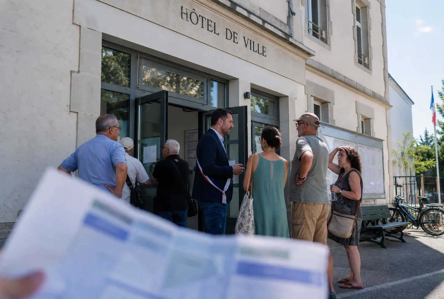 Des habitants attendent devant une mairie française pendant la canicule, dans une scène de service public au soleil.