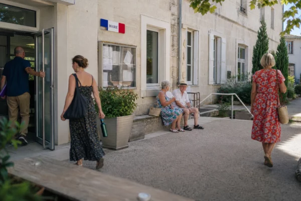 Des habitants et un agent municipal devant une mairie française pendant une forte chaleur, en lumière naturelle claire.