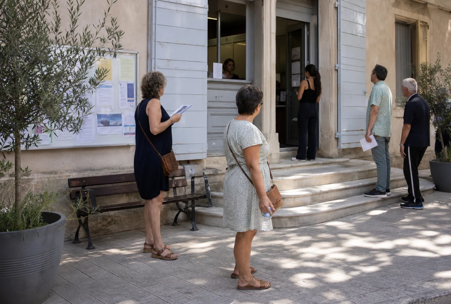 Des habitants attendent à l’ombre devant une mairie française pendant une canicule.