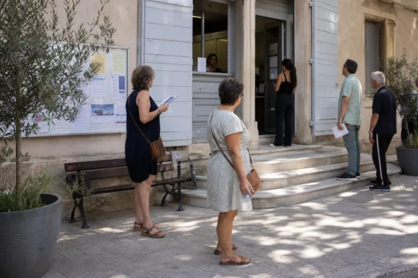 Des habitants attendent à l’ombre devant une mairie française pendant une canicule.