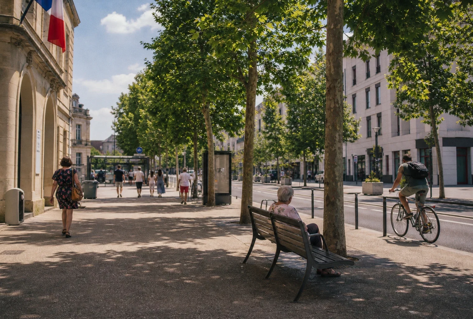 Rue française en été avec passants à l’ombre, chaleur visible et ambiance calme en Île-de-France.