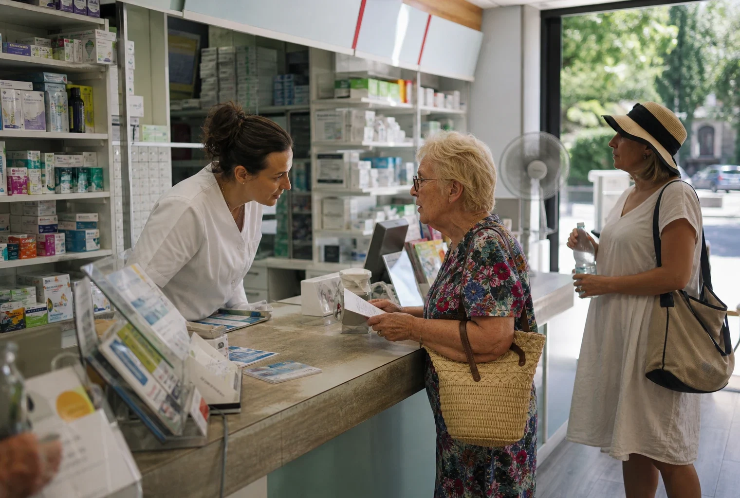 Dans une pharmacie française, un pharmacien conseille une cliente âgée pendant une vague de chaleur.