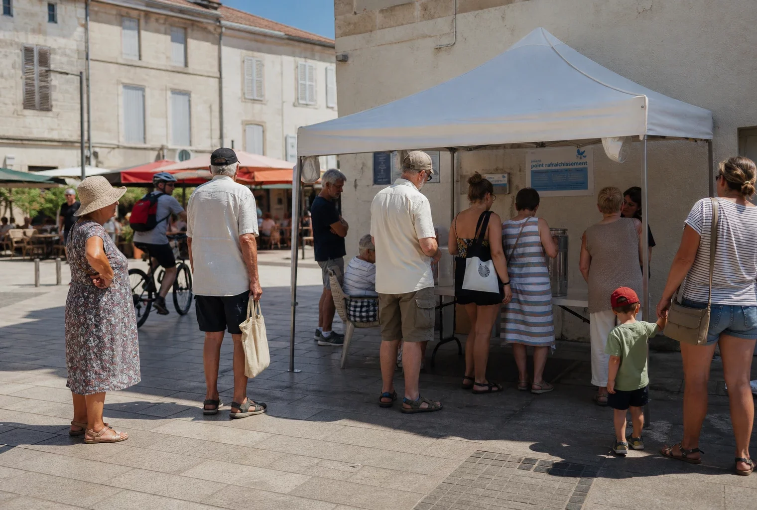 Place de ville française animée en pleine canicule, avec habitants à l’ombre et point d’eau municipal.