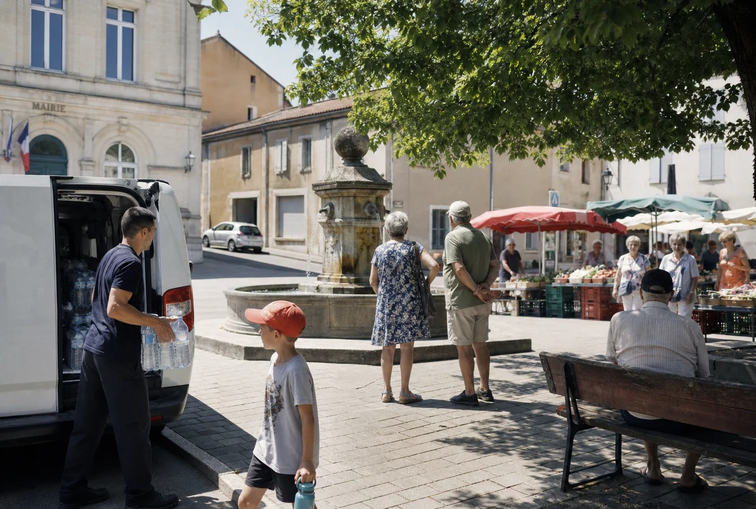 Place de ville française en plein été avec habitants anonymes, marché local et ambiance de chaleur.