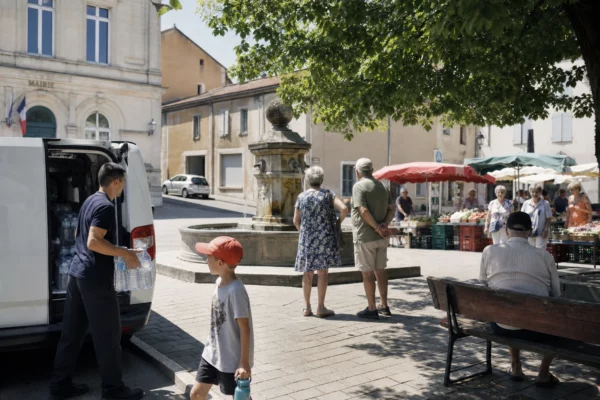 Place de ville française en plein été avec habitants anonymes, marché local et ambiance de chaleur.