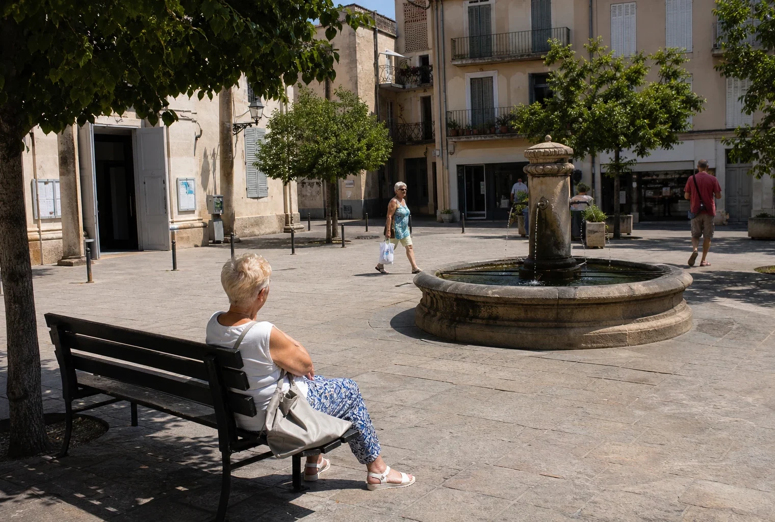 Place d’une ville moyenne française sous une forte chaleur, avec habitants anonymes, ombres nettes et ambiance de reportage.