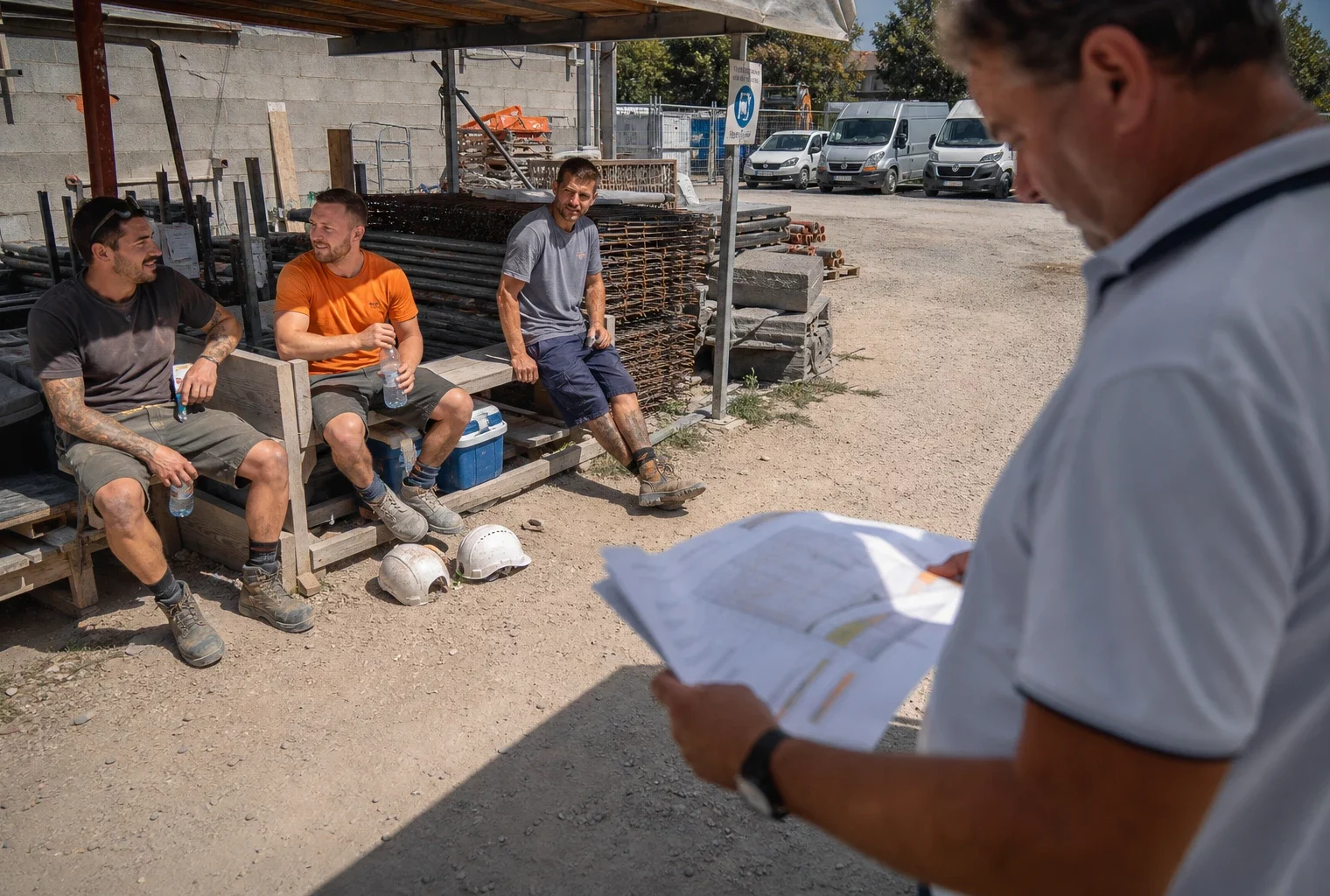 Ouvriers sur un chantier français en pause sous la chaleur, avec eau, ombre et matériel de travail.
