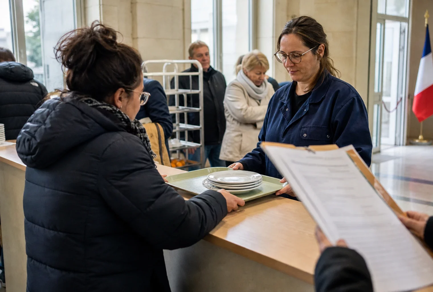 Des parents et un agent municipal discutent dans un hall de mairie autour de vaisselle réutilisable pour cantine