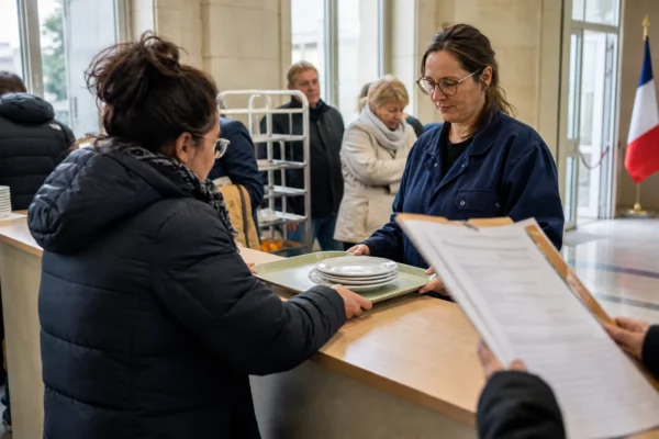 Des parents et un agent municipal discutent dans un hall de mairie autour de vaisselle réutilisable pour cantine