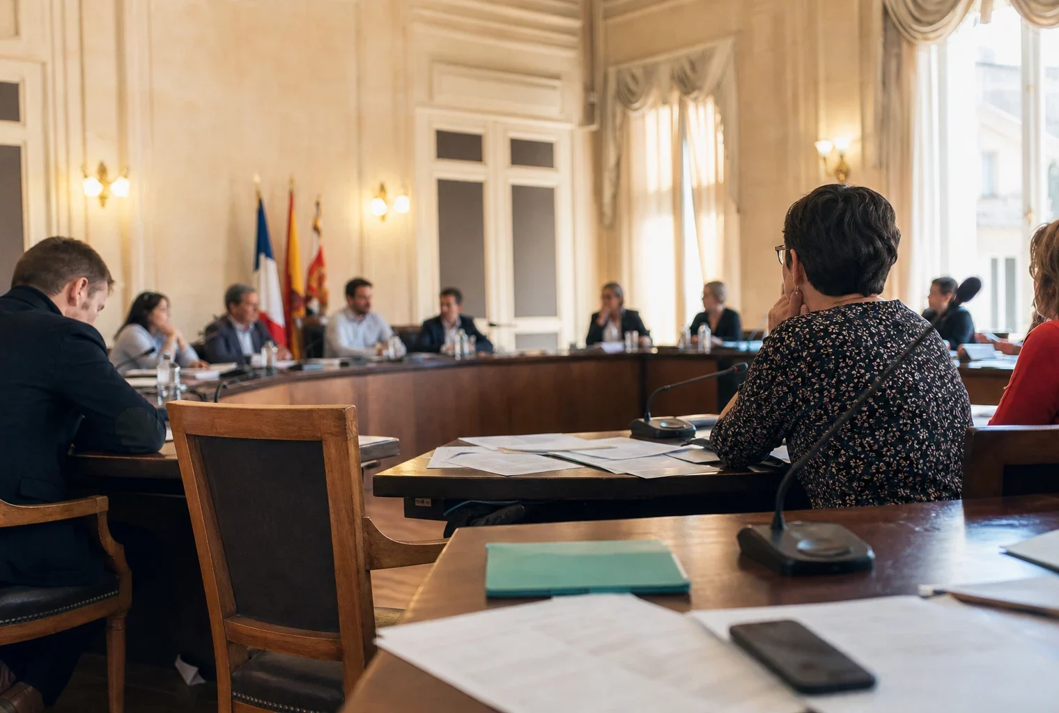 Salle municipale de Carcassonne avec une chaise vide, des micros et des dossiers flous sur une table