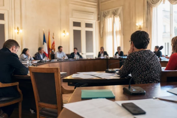Salle municipale de Carcassonne avec une chaise vide, des micros et des dossiers flous sur une table