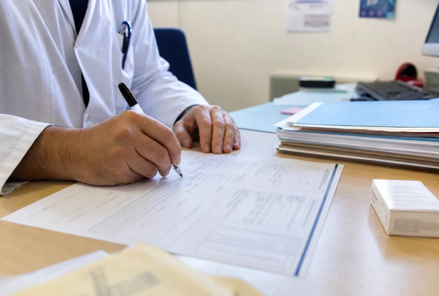 Main écrivant sur un dossier médical et judiciaire flouté dans un bureau de consultation français, avec médicaments anonymes.