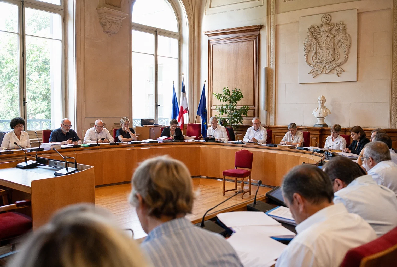 Salle du conseil municipal de Castres avec micros, dossiers et une chaise vide dans une ambiance de séance municipale