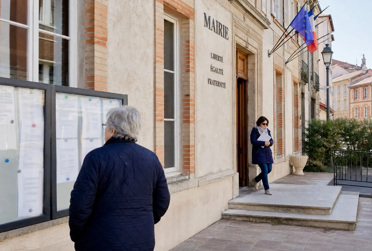 Des habitants devant la mairie de Castres dans une scène de vie citoyenne calme et réaliste.