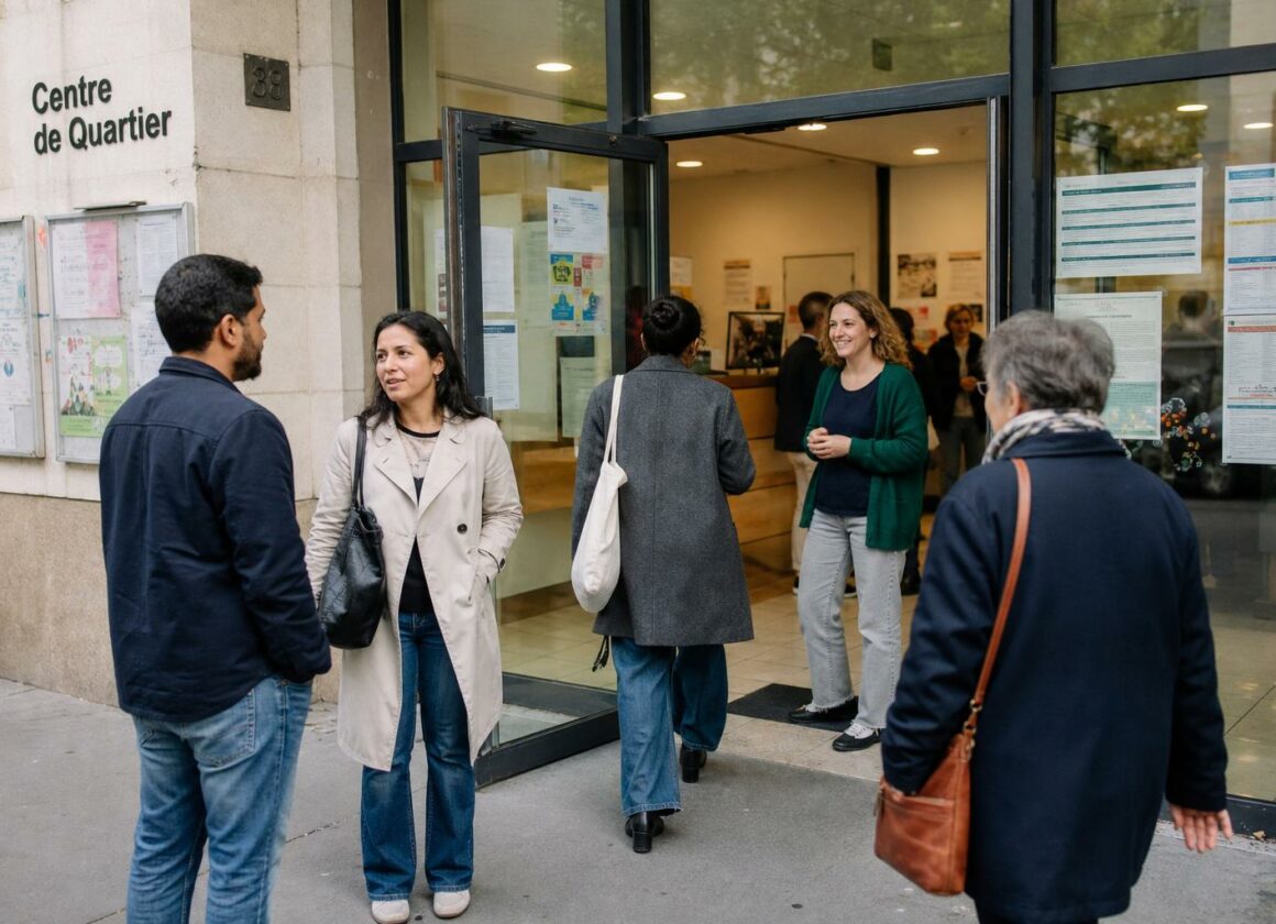 Des habitants anonymes entrent dans un centre de quartier à Paris, dans une ambiance calme et lumineuse.
