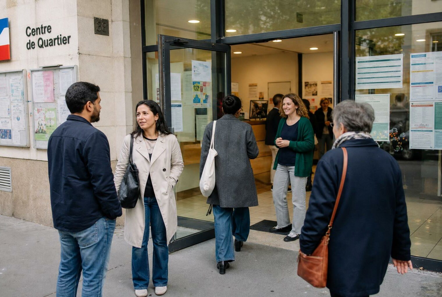 Des habitants anonymes entrent dans un centre de quartier à Paris, dans une ambiance calme et lumineuse.