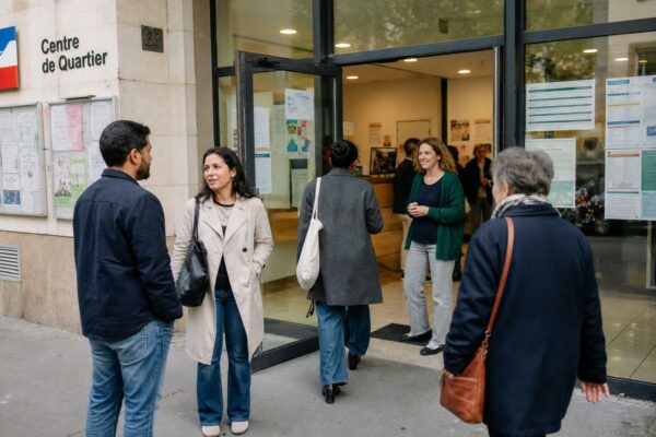 Des habitants anonymes entrent dans un centre de quartier à Paris, dans une ambiance calme et lumineuse.
