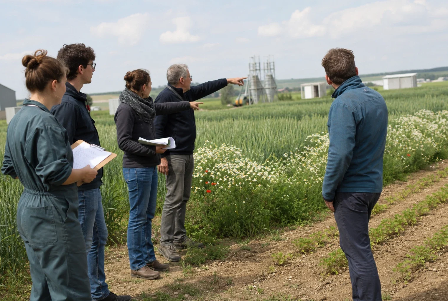 Des chercheurs de l’Inrae observent des cultures expérimentales sans pesticides dans un champ des Hauts-de-France.