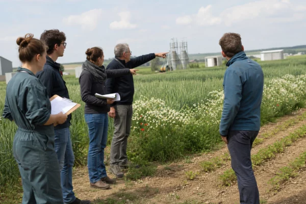 Des chercheurs de l’Inrae observent des cultures expérimentales sans pesticides dans un champ des Hauts-de-France.