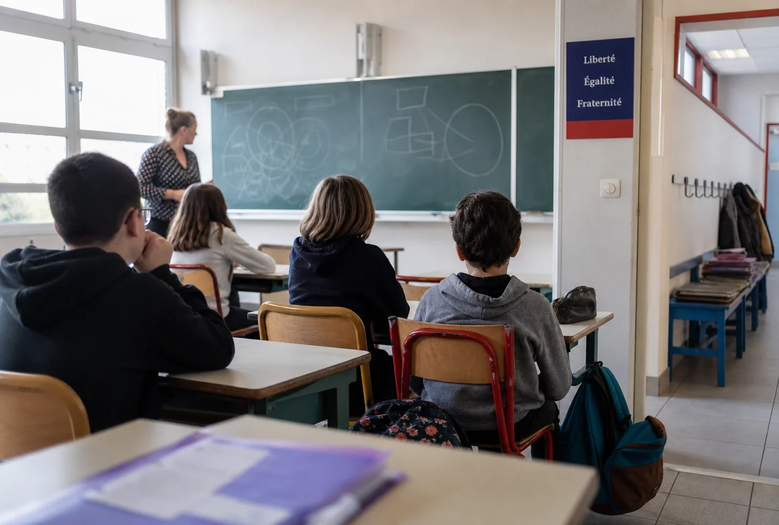 Salle de classe française lumineuse avec élèves anonymes, tableau abstrait et cartables, dans une ambiance de reportage éditorial.