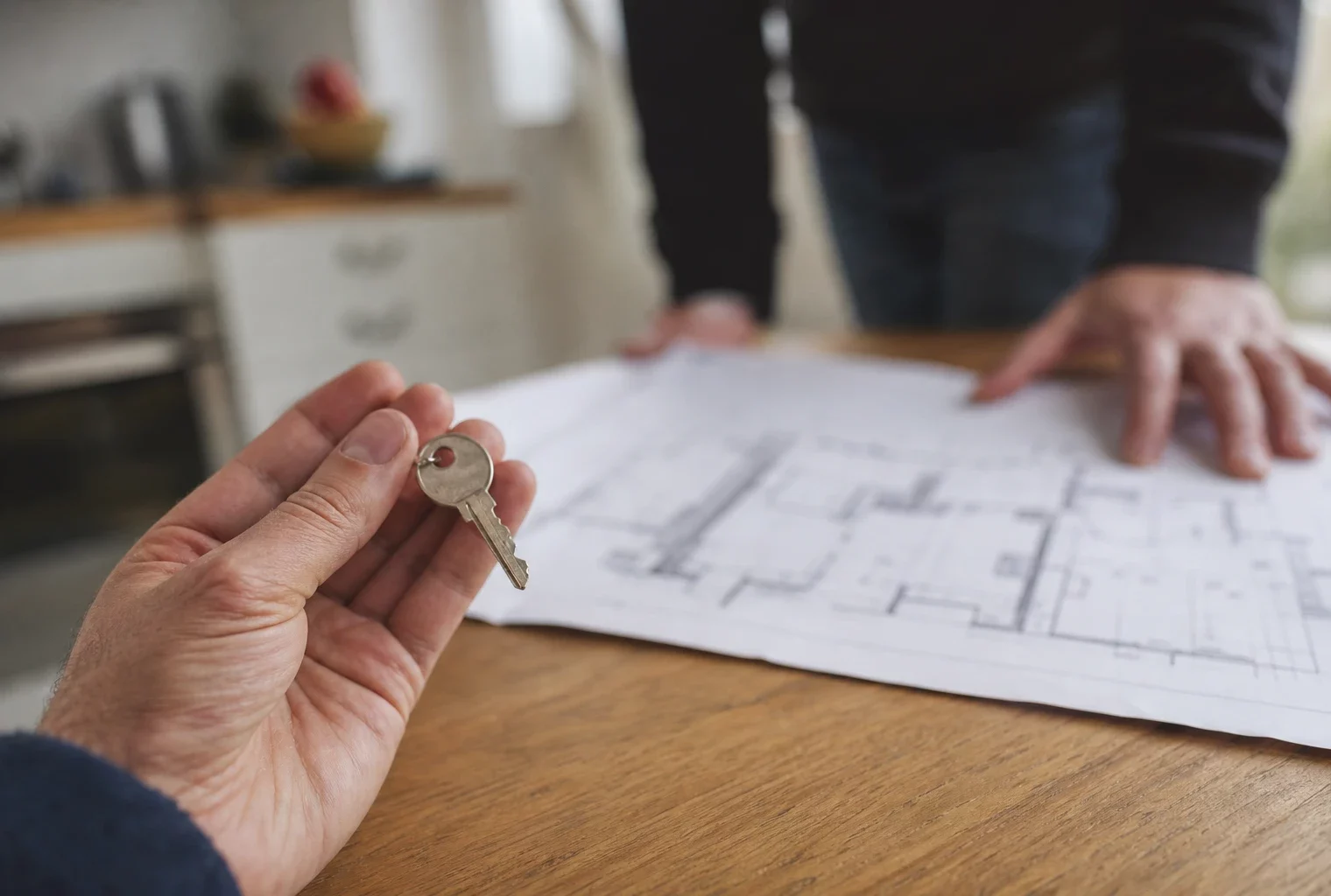 Main tenant une clé au-dessus d’un plan d’appartement flou, sur une table claire, en contexte de rénovation énergétique.