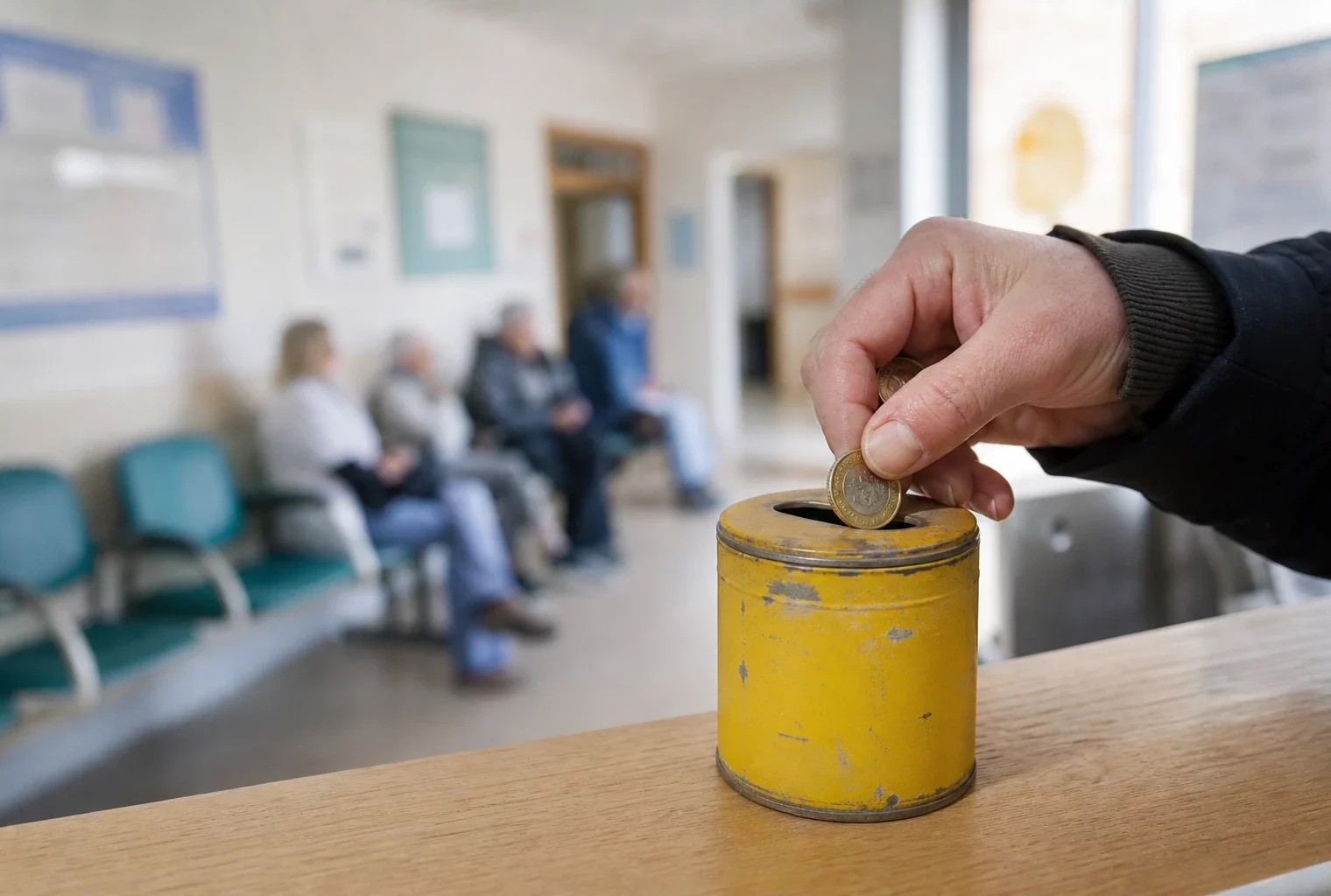 Gros plan d’une main glissant des pièces dans une boîte de collecte jaune à l’accueil d’un hôpital français.