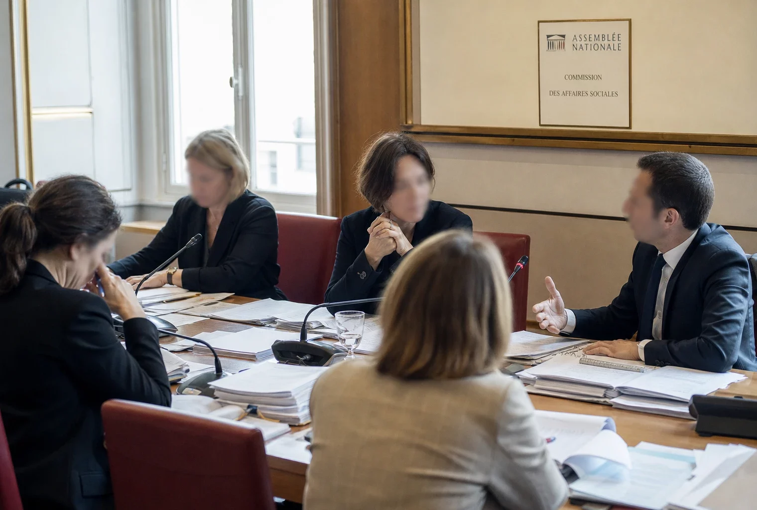 Réunion de commission à l’Assemblée nationale avec micros, dossiers ouverts et députés anonymes en séance.