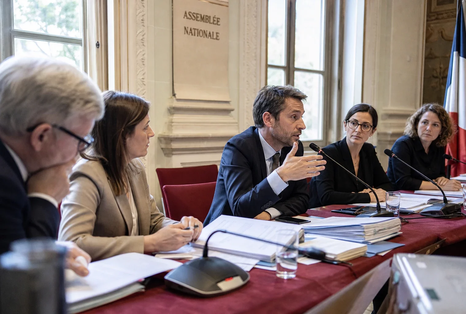 Commission à l’Assemblée nationale avec députés anonymes, micros et dossiers, dans un contexte de crise sur la justice.