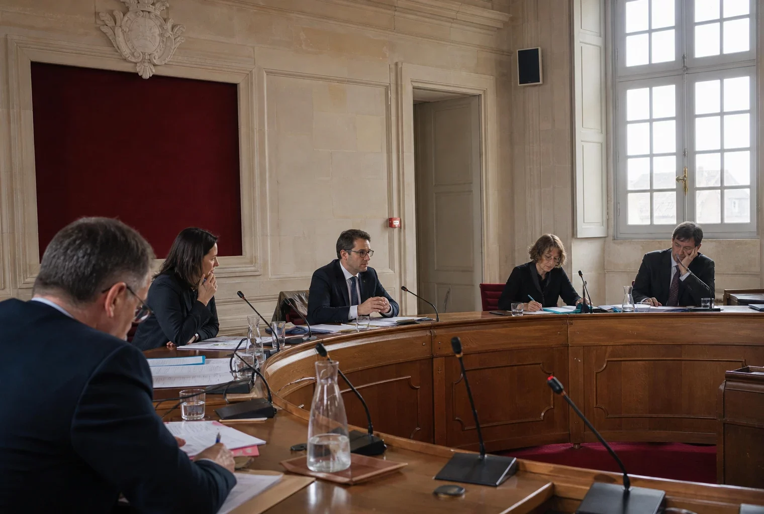 Réunion institutionnelle avec plusieurs élus et dossiers sur la probité des frais de mandat