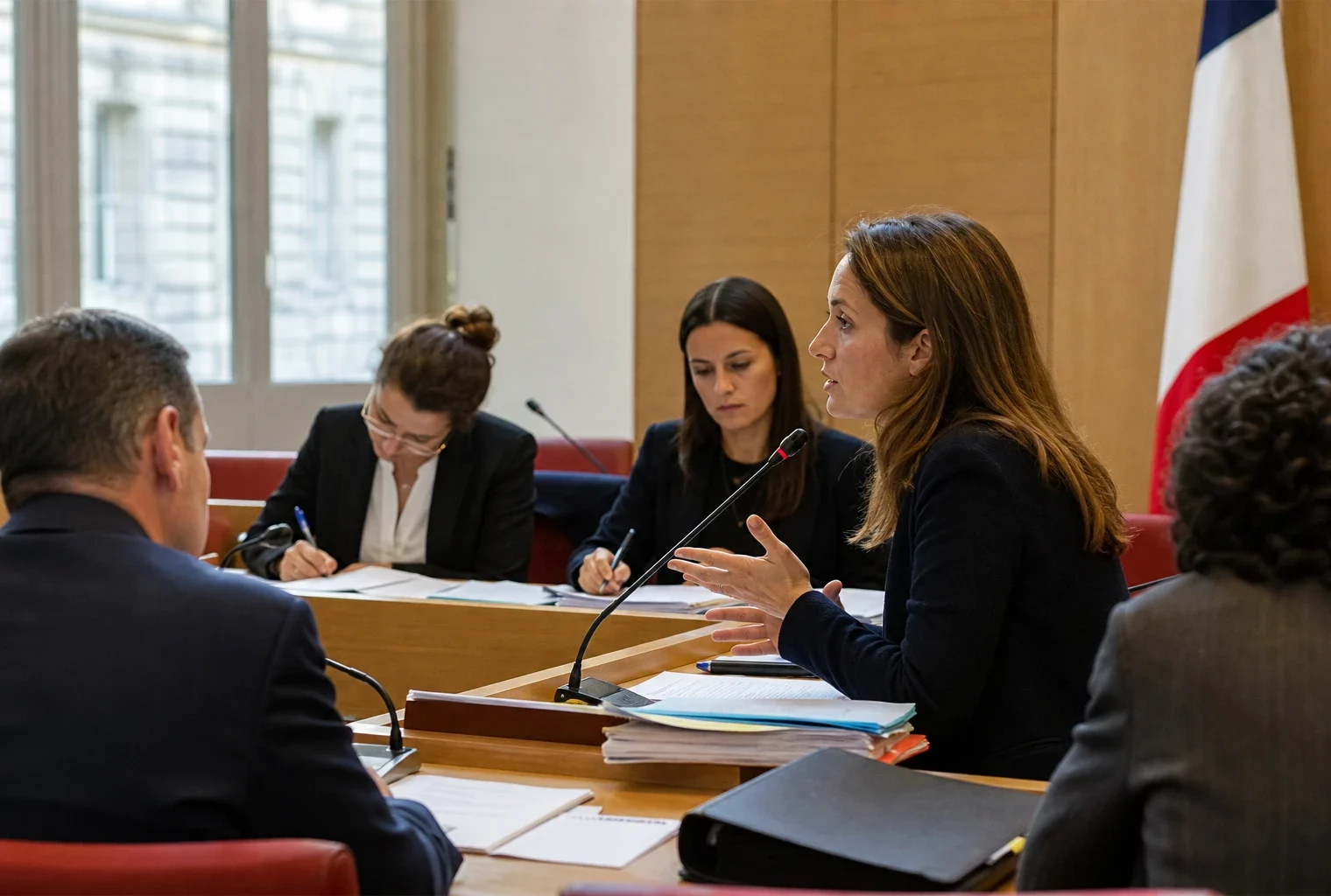Réunion de commission parlementaire en France, avec micros de table, dossiers ouverts et silhouettes anonymes dans une salle claire.
